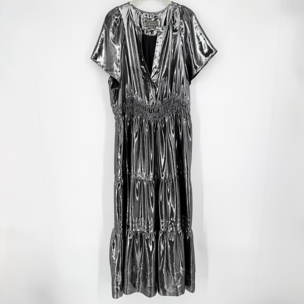 Anthropologie Somerset Maxi Dress Shine Metallic Silver Tiered Pockets 1X - Picture 2 of 16